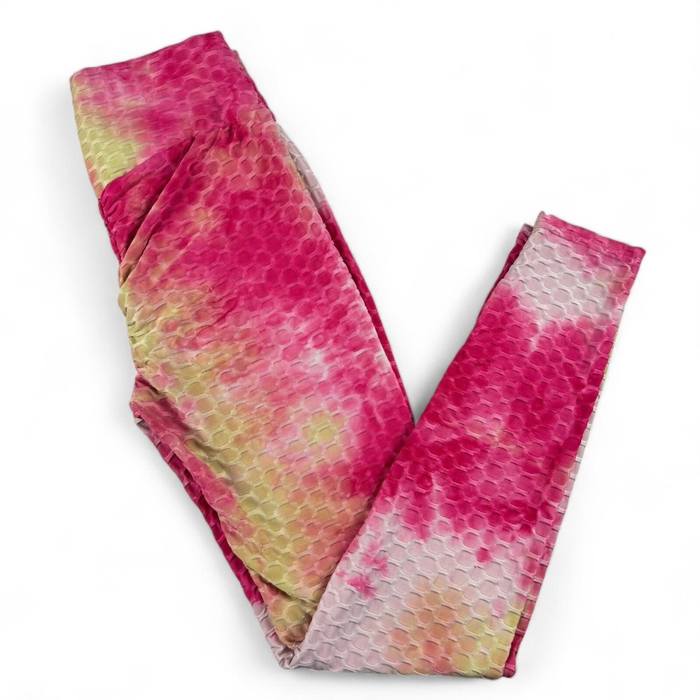 Honeycomb Textured Tie Dye Leggings Pink Yellow Scrunch Butt Yoga Pants